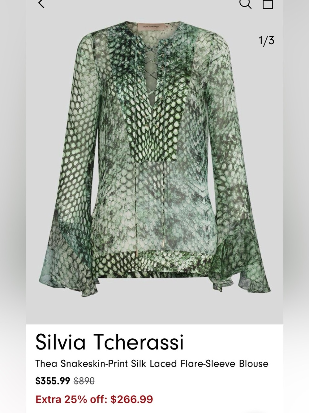 Silvia Tcherassi Green Snake-Print Bell Sleeve Tunic - Medium - NWT - Picture 6 of 7